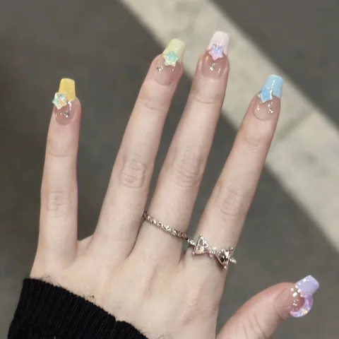 Unghie Finte Macaron Fatte a Mano Con Stelle e Lune Colori Dopamina Carini Forma Quadrata Corta Unghie Artificiali Per Donna