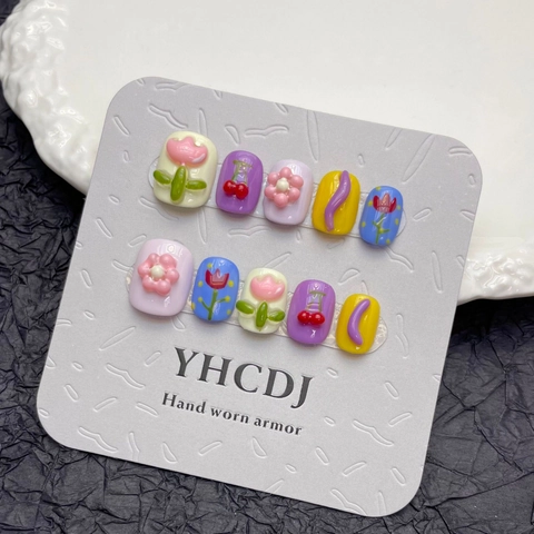 Handmade 3D Tulip Flower Press On Nails Short Square Round Sweet Cute Cherry Relief Design Dopamine Style Fake Nails