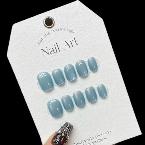 Unghie Finte Occhio di Gatto Blu Ghiaccio Fatte a Mano Corte Tonde Riutilizzabili per Donna Stile Dolce Manicure DIY