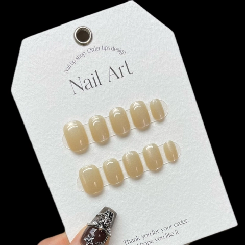 Handmade Short Round Press On Nails Set Cat Eye Glitter Champagne Gold Solid Color Reusable False Nails For Women 10Pcs
