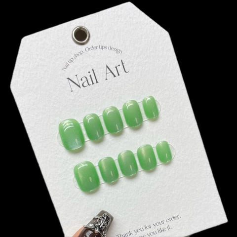 Uñas Postizas Hechas a Mano Ojo de Gato Verde Cortas Cuadradas Redondas Color Caramelo Brillante Resina Para Mujer Uso Diario