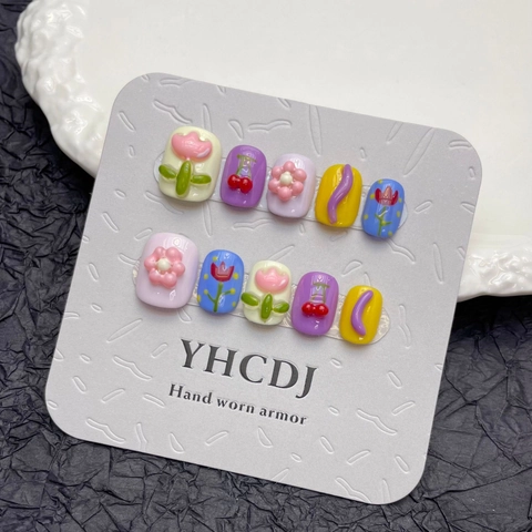 Handmade 3D Tulip Flower Press On Nails Short Square Round Sweet Cute Cherry Relief Design Dopamine Style Fake Nails