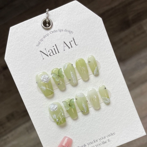 Unghie Finte a Pressione Fatte a Mano Verde Sfumato Fiore 3D Farfalla Strass Unghie Finte per Donna Decorazione Unghie