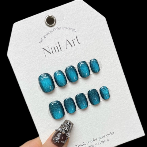 Unghie Finte Fatte a Mano Blu Occhio di Gatto Magnetico Sfumato Stile Quadrato Corto Elegante Manicure per Donna Quotidiano