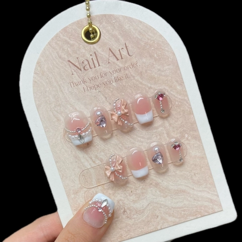 Unghie Finte Francesi Sfumate Fard Fatte a Mano Decorazione Fiocco Rosa Strass Künstliche Perle Forma Quadrata Rotonda Riutilizzabili