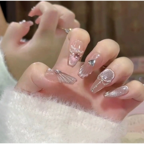Handmade Press On Nails French Fairy Style 3D Bow Flower Artificial Pearl Rhinestone Long Coffin Nails For Women Party Decoration Jewelry