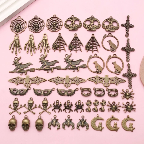 Antique Bronze Halloween Pendants Variety Skull Bat Spider Web Witch Charms Zinc Alloy DIY Jewelry Making Findings Accessory