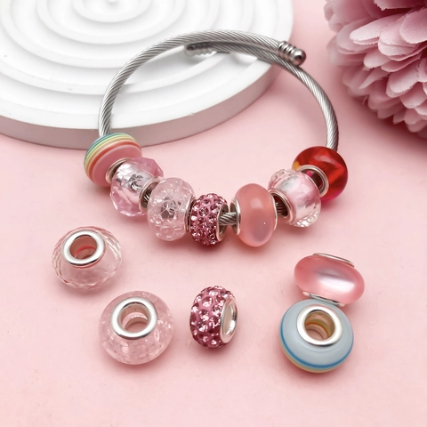 Großes Loch Harzperlen Facettiert Gestreift Strass DIY Charms Für Armband Halskette Schmuckherstellung Damen Mädchen Rosa