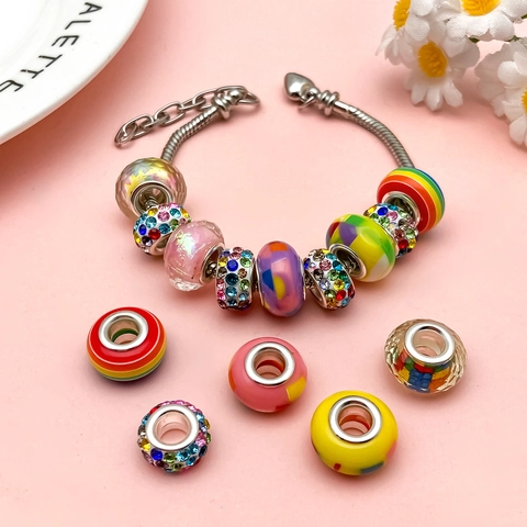 Bunte Harz Große Loch Perlen DIY Armband Halskette Schmuckherstellung Gestreifte Strass Facettierte Lose Perlen Zubehör Für Damen