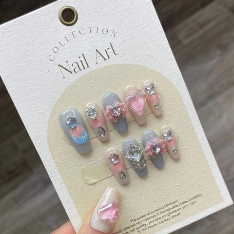 Handmade Press On Nails Mocha Coffin Shape 3D Resin Heart Bow Rhinestone Star Design Sweet Y2K Manicure For Women