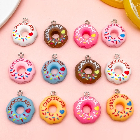 Cute Resin Donut Pendants For DIY Jewelry Making Chocolate Letter Printed Sweet Food Charms For Keychain Bag Necklace Accessories