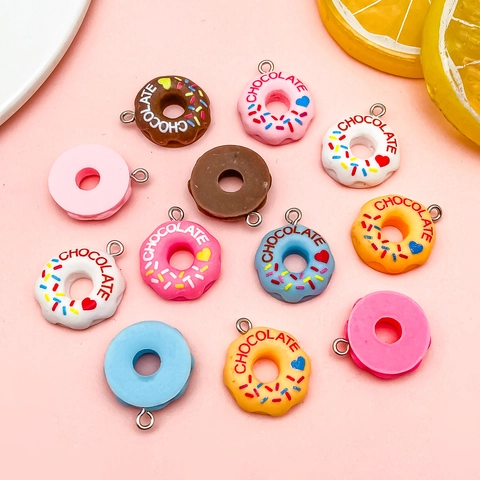 Cute Resin Donut Pendants For DIY Jewelry Making Chocolate Letter Printed Sweet Food Charms For Keychain Bag Necklace Accessories