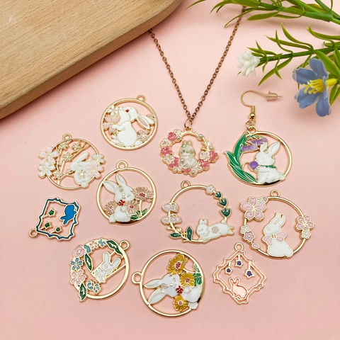 Legierung Emaille Hase Blume Girlande Hohl Anhänger DIY Schmuckherstellung Zubehör Kaninchen Mond Charms Für Ohrring Halskette