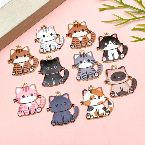 Kawaii Cartoon Cat Alloy Enamel Pendants For DIY Jewelry Making Colorful Animal Shape Charms Necklace Bracelet Keychain Accessory