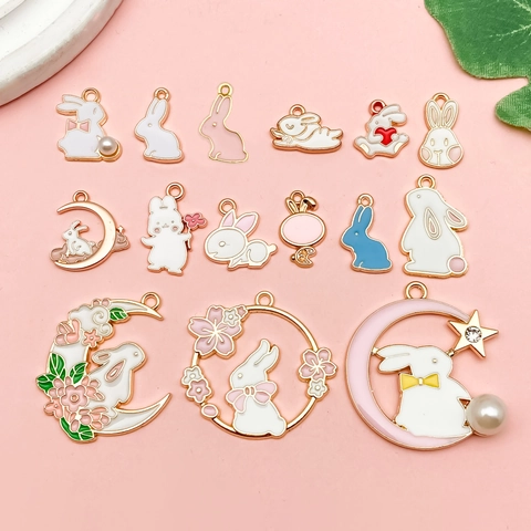 Enamel Zinc Alloy Cartoon Rabbit Moon Charms For DIY Jewelry Making Bracelet Keychain Necklace Accessories Animal Pendants