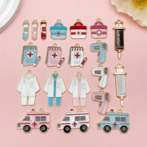 Medical Theme Zinc Alloy Enamel Charms For DIY Jewelry Making Ambulance Doctor Coat Thermometer Syringe Pendant Set