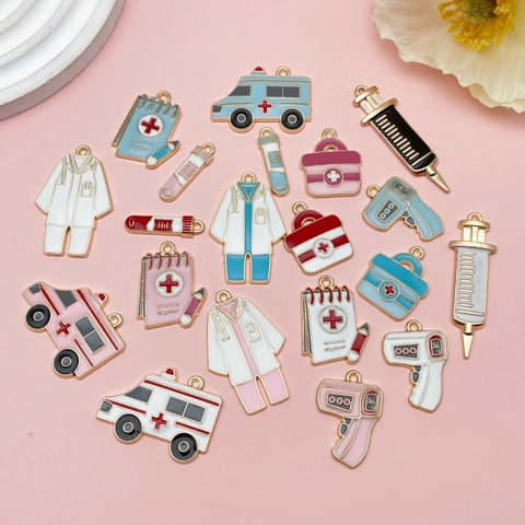 Medical Theme Zinc Alloy Enamel Charms For DIY Jewelry Making Ambulance Doctor Coat Thermometer Syringe Pendant Set