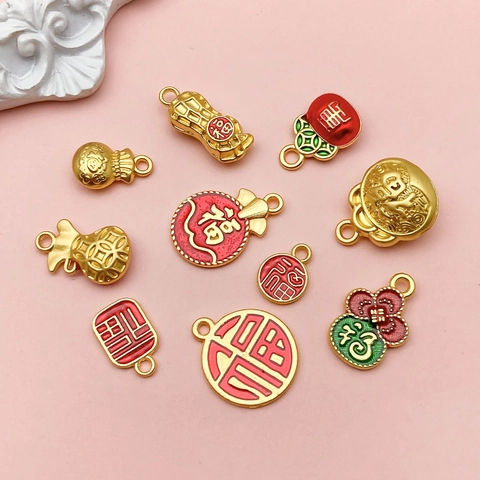 Chinese Style Enamel Alloy Pendants Set Lucky Fu Character Peanut Bag Jewelry Making Accessories DIY Crafts Pendant