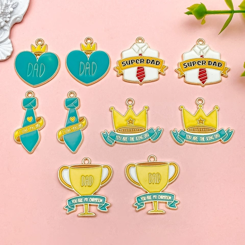 Alloy Enamel Father Day Pendants Crown Trophy Tie Shirt Heart DAD Charm For DIY Necklace Keychain Making Gift Jewelry