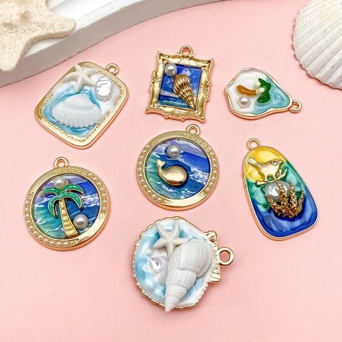 Ocean Theme Enamel Alloy Pendants Summer Island Style Oil Painting Shell Starfish Coconut Tree Artificial Pearl Charms For DIY Necklace Making