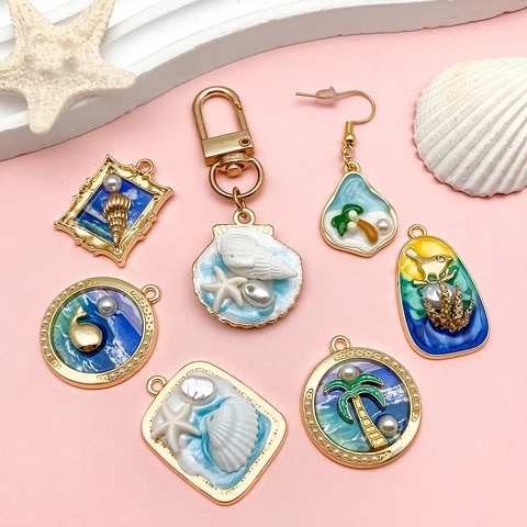 Ocean Theme Enamel Alloy Pendants Summer Island Style Oil Painting Shell Starfish Coconut Tree Artificial Pearl Charms For DIY Necklace Making