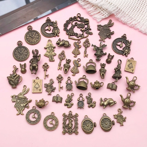 Vintage Zinc Alloy Fairytale Theme Pendants Rabbit Teapot Clock Charms For DIY Jewelry Making Bracelet Necklace Crafts