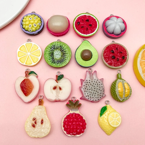 15Pcs Realistic Resin Fruit Pendants For DIY Jewelry Making Cute Lemon Watermelon Kiwi Litchi Dragon Fruit Realistic Resin Charms