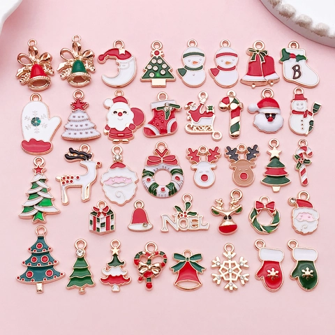 Christmas Enamel Zinc Alloy Charms For Jewelry Making DIY Santa Claus Snowman Elk Bell Glove Pendant Rhinestone Craft Decor