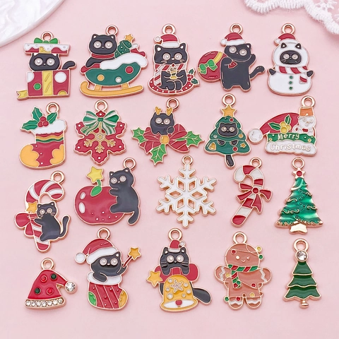 Kerst Emaille Zinklegering Zwarte Kat Charms Hangers Voor Sieraden Maken DIY Kerstboom Sneeuwvlok Peperkoekman Cadeaus