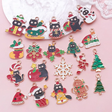 Kerst Emaille Zinklegering Zwarte Kat Charms Hangers Voor Sieraden Maken DIY Kerstboom Sneeuwvlok Peperkoekman Cadeaus