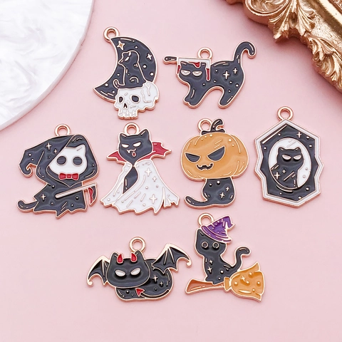 Halloween Black Cat Skeleton Enamel Charms Zinc Alloy Pumpkin Witch Bat Pendants For DIY Jewelry Making Necklaces Bracelets