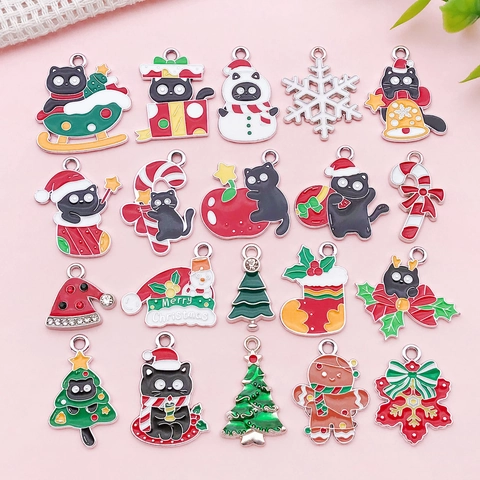 Legierung Emaille Weihnachts Katze Charms Sortierte Feiertags Elemente Anhänger Für DIY Armband Halskette Herstellung Schmuckzubehör