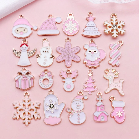 Pink White Red Enamel Christmas Alloy Pendants Set For DIY Jewelry Making Santa Snowflake Elk Accessories For Women Girls