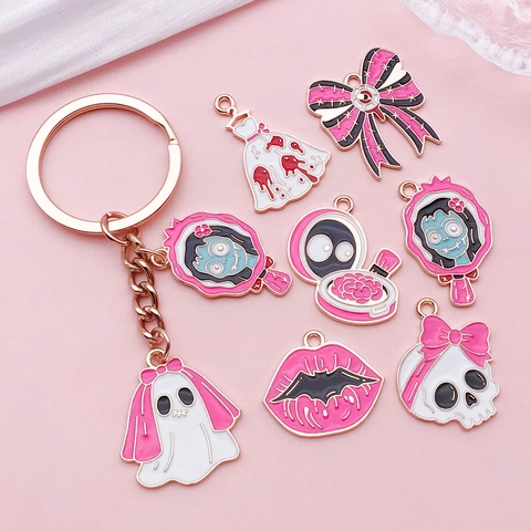Halloween Legierung Emaille Anhänger Gespenst Totenkopf Schleife Geisterbraut Tropföl Charms Für DIY Ohrring Halskette Schmuckherstellung Gothik Stil