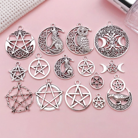 Dijes de Pentagrama de Aleación Vintage Plata Antigua Lobo Búho Luna Huecos para Creación de Joyas DIY Collar Pendiente