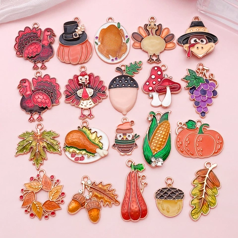 Thanksgiving Turkey Pumpkin Maple Leaf Alloy Enamel Pendants For DIY Jewelry Making Cartoon Festive Charms Accessories
