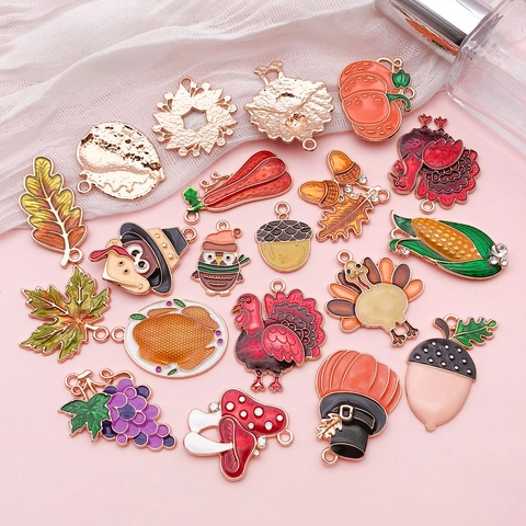 Thanksgiving Turkey Pumpkin Maple Leaf Alloy Enamel Pendants For DIY Jewelry Making Cartoon Festive Charms Accessories