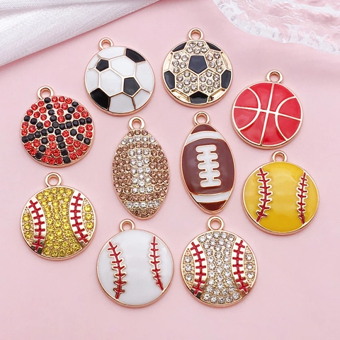 DIY Sport Ball Alloy Pendants Enamel Rhinestone Football Basketball Rugby Baseball Charms For Jewelry Making Keychain Accessory