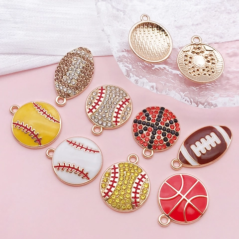 DIY Sport Ball Alloy Pendants Enamel Rhinestone Football Basketball Rugby Baseball Charms For Jewelry Making Keychain Accessory
