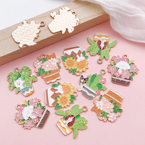 Cartoon Dog Potted Plant Alloy Enamel Charms For Jewelry Making DIY Keychain Earrings Pendant Cute Animal Flower Accessories