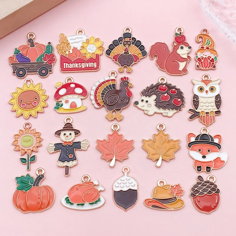 Thanksgiving Autumn Enamel Alloy Charms For Jewelry Making Pumpkin Turkey Maple Leaf Scarecrow Squirrel DIY Pendant Accessories