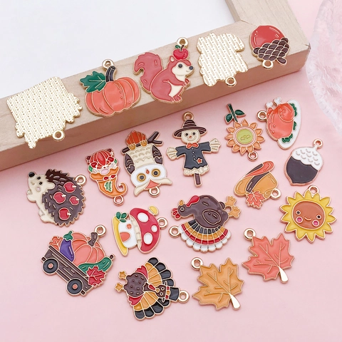 Thanksgiving Autumn Enamel Alloy Charms For Jewelry Making Pumpkin Turkey Maple Leaf Scarecrow Squirrel DIY Pendant Accessories