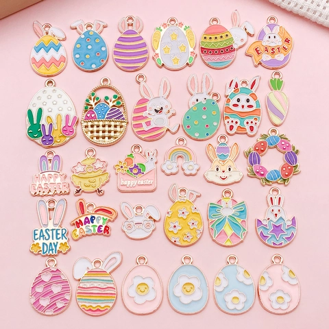 Zinc Alloy Enamel Easter Charms For Jewelry Making Colorful Bunny Rabbit Egg Carrot Flower DIY Earring Bracelet Component