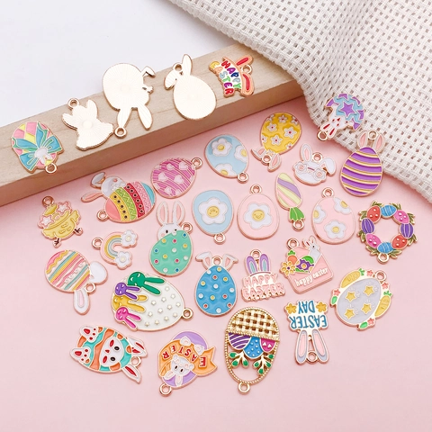 Zinc Alloy Enamel Easter Charms For Jewelry Making Colorful Bunny Rabbit Egg Carrot Flower DIY Earring Bracelet Component