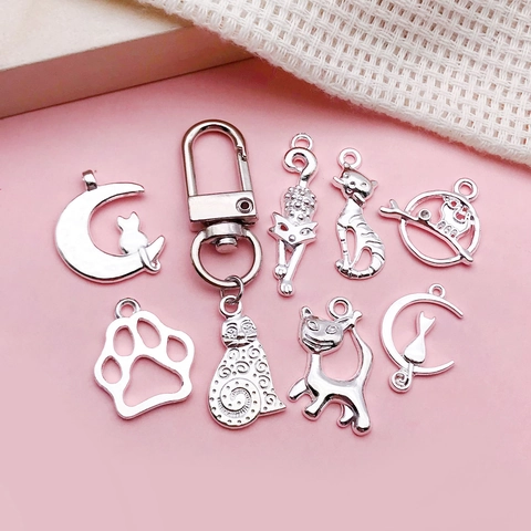 Pendentifs en Alliage de Zinc Argent Brillant Formes de Chatons Assorties Patte de Chat Creuse Chat sur la Lune Pendentif Seul Sans Chaîne Accessoires de Bijoux DIY Femme