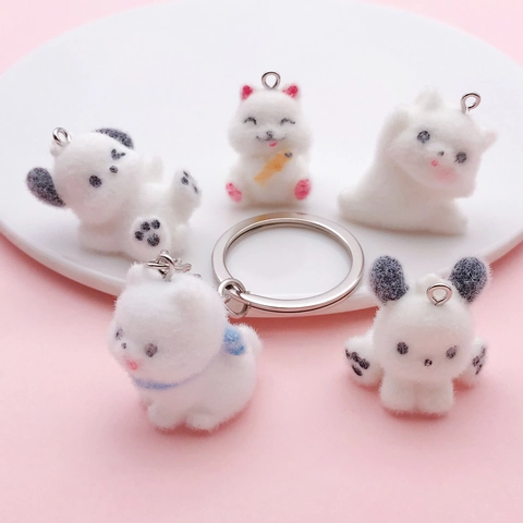 Cute Flocked Resin Dog Pendants For DIY Jewelry Making Kawaii Animal Puppy Charms For Keychain Phone Strap Crafting Material