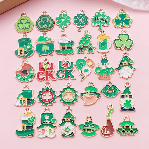 St Patricks Day Shamrock Enamel Charms Zinc Alloy Green Clover Gnome Pendants For DIY Jewelry Making Accessories