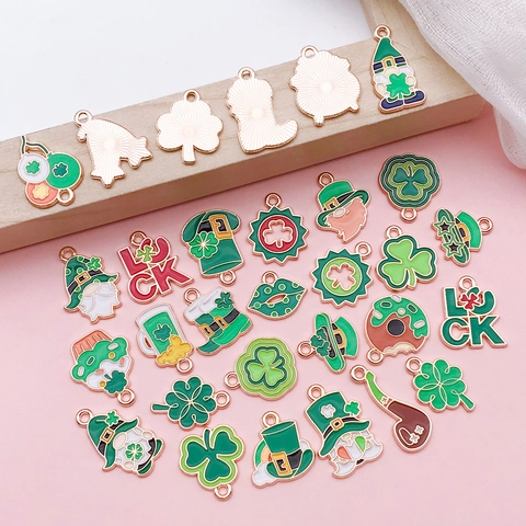 St Patricks Day Shamrock Enamel Charms Zinc Alloy Green Clover Gnome Pendants For DIY Jewelry Making Accessories