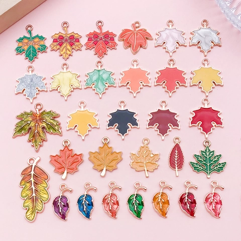 Mixed 30 Pieces Enamel Maple Leaf Plant Tree Leaves Charms Zinc Alloy Pendants For DIY Bracelet Necklace Jewelry Making Accessory