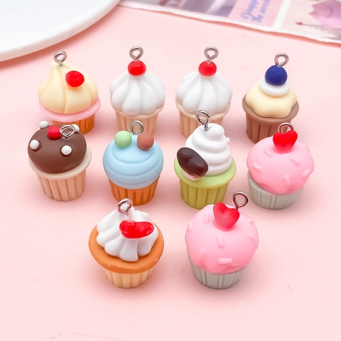 Resin Cupcake Pendants Metal Loop DIY Jewelry Making Keychain Phone Charm Food Dessert Heart Charms For Women Kids Cute Style